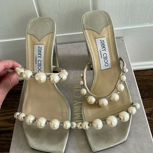Jimmy Choo Amara 85 heels, shimmer suede with pearls. Champagne color. Size 38.5